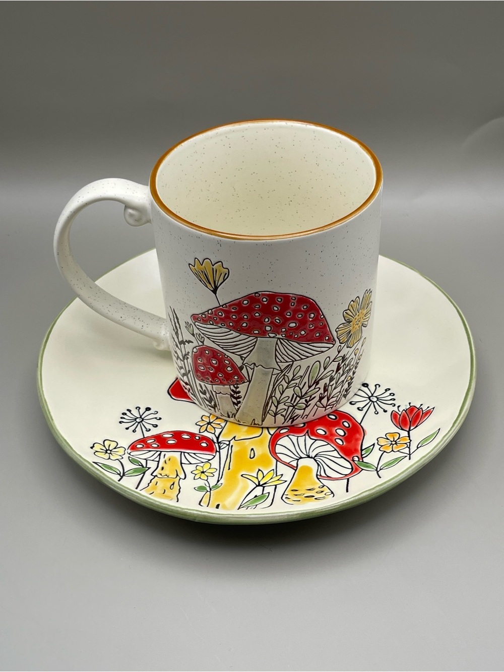 Spectrum Designz Speckled Ceramic Oversized Mug & Saucer Set w/ Red Mushroom Art - Picture 1 of 10